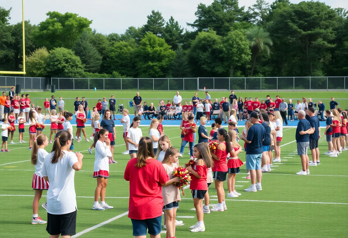 A lively high school football practice session in Orange County with players and cheerleaders.