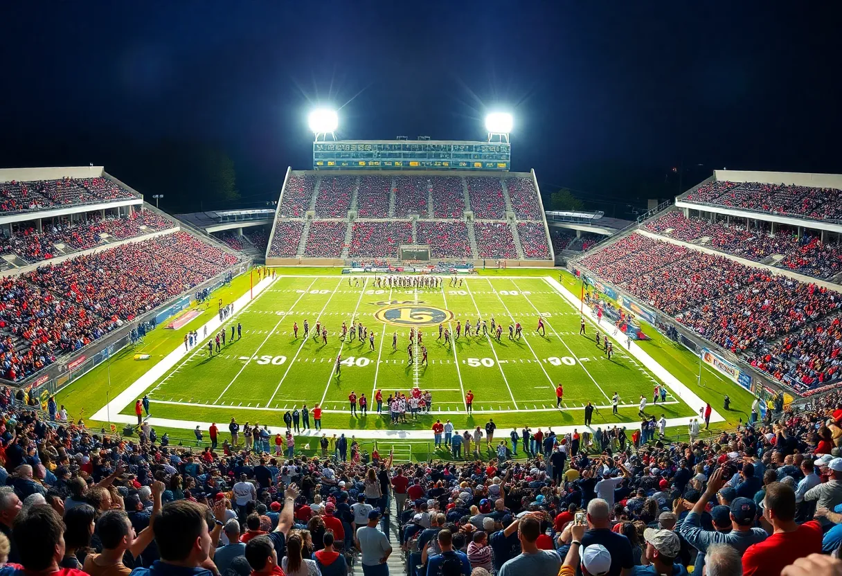 High school football stadium packed with cheering fans and players warming up.