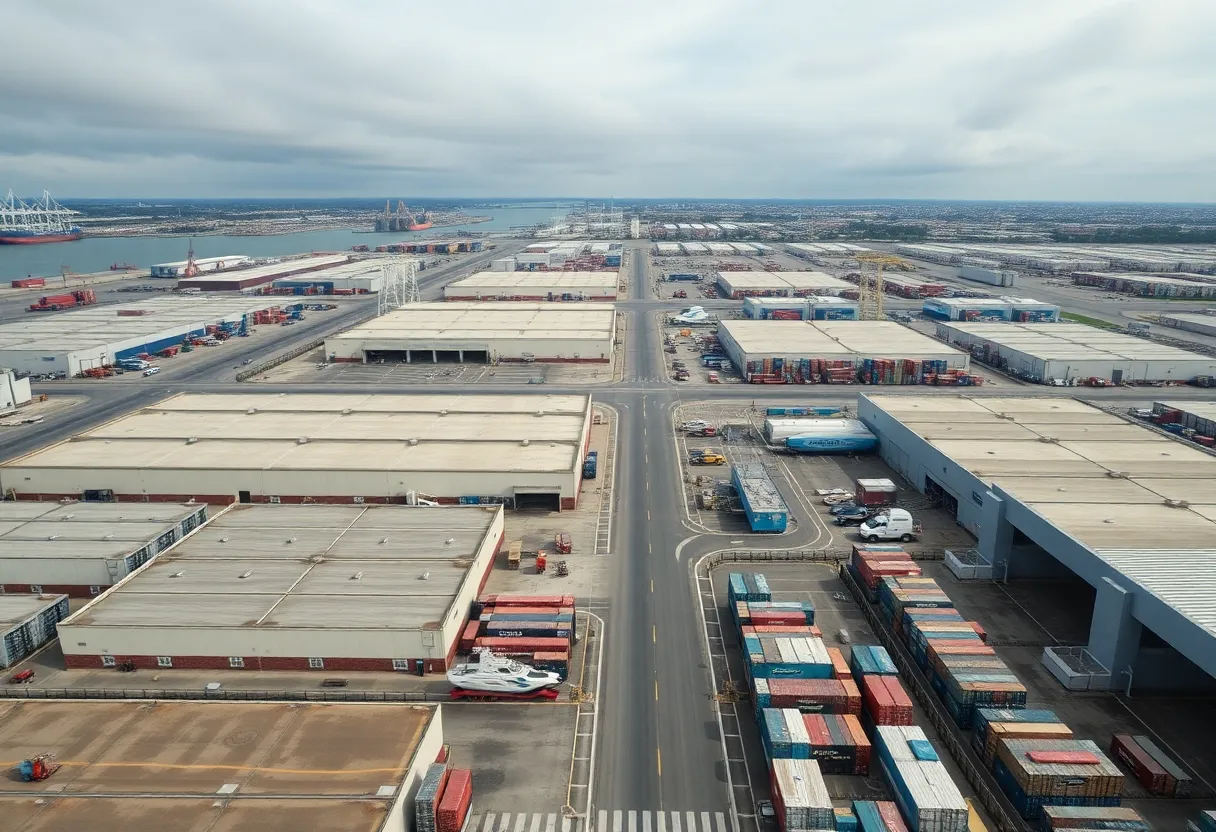 Aerial view of industrial warehouses near Los Angeles ports