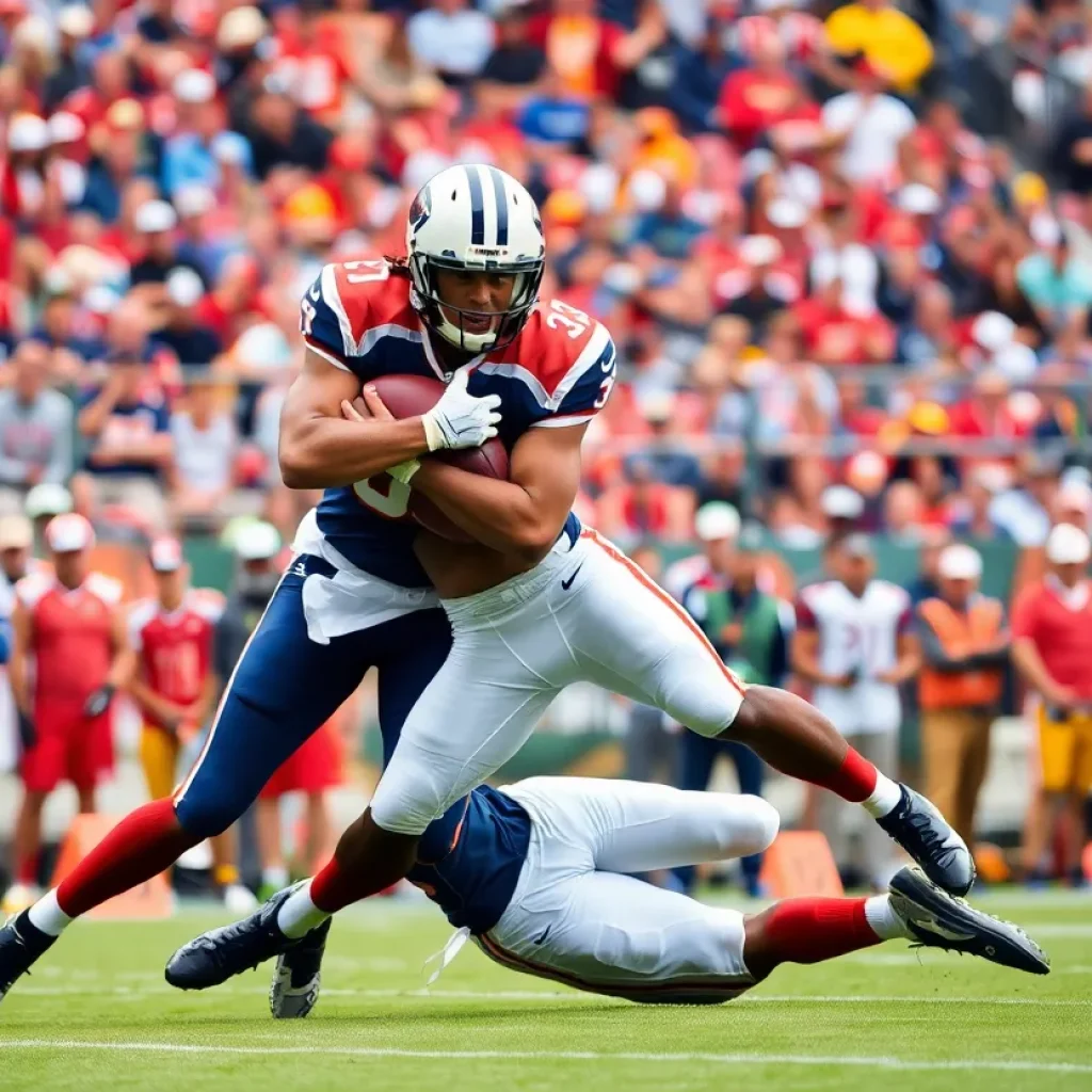 Football player making a tackle on the field