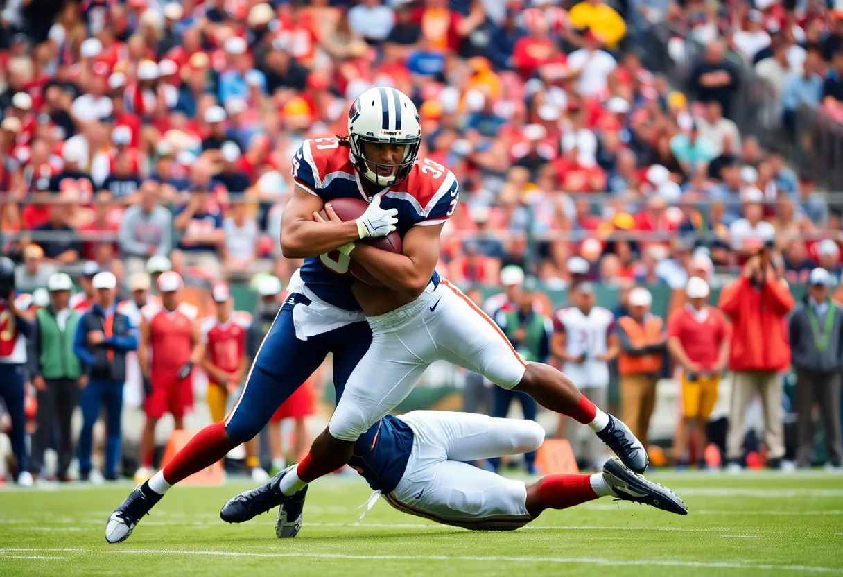 Football player making a tackle on the field