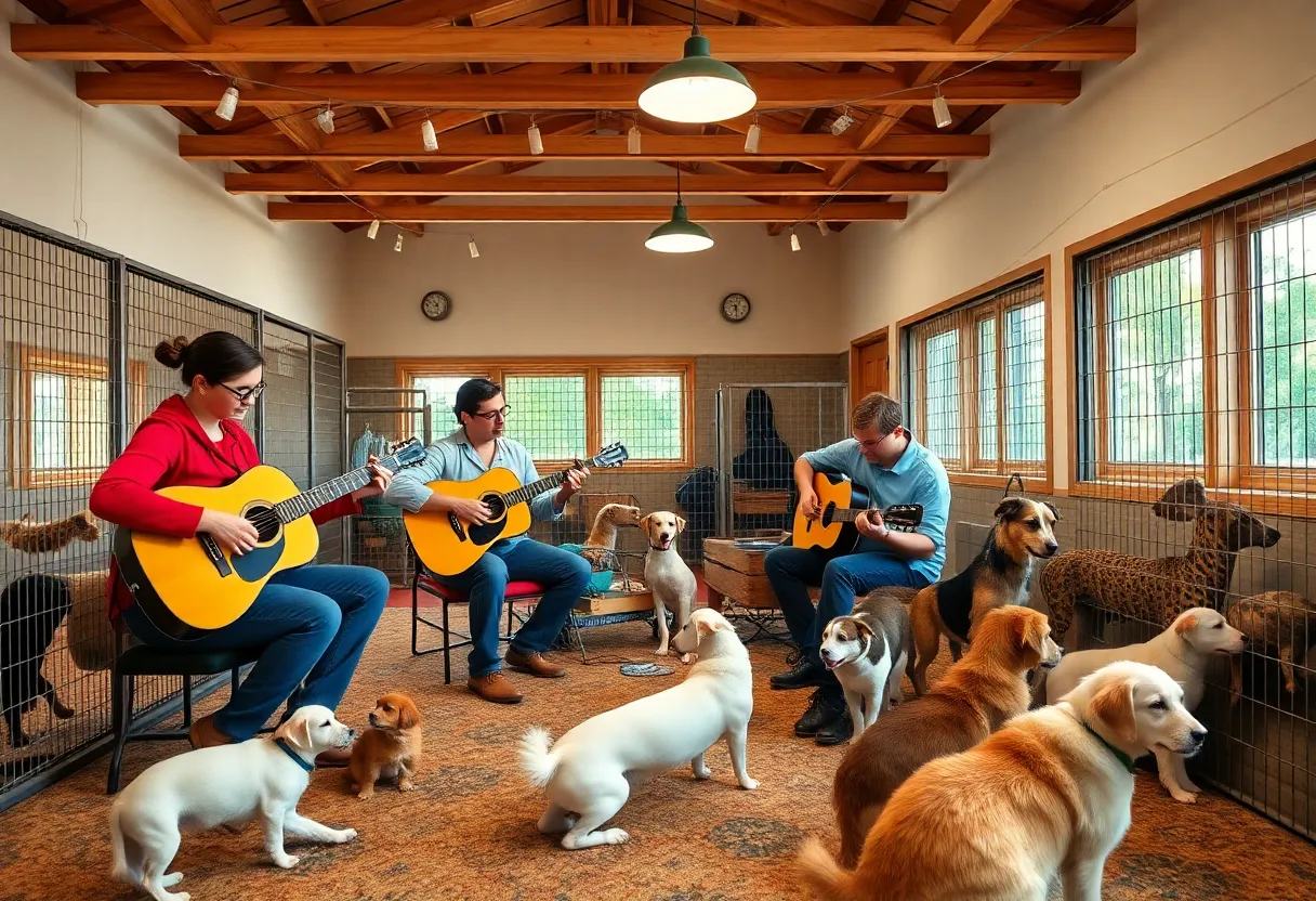 Musicians performing at an animal shelter for calming pets