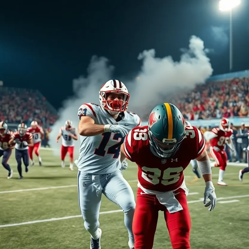 Football players celebrating a touchdown during a game