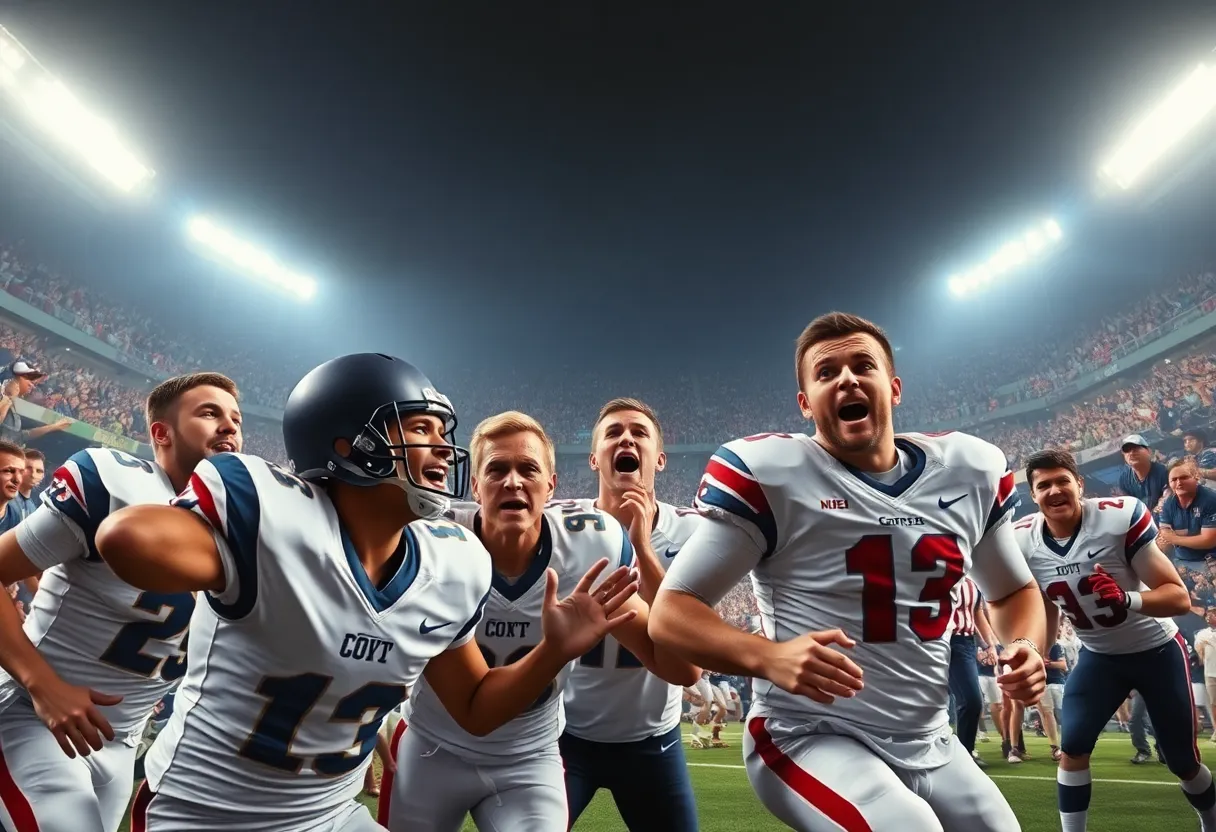 Players from McCallie School celebrating after a touchdown during a football game.