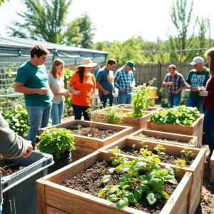 Community members learning about composting in a garden