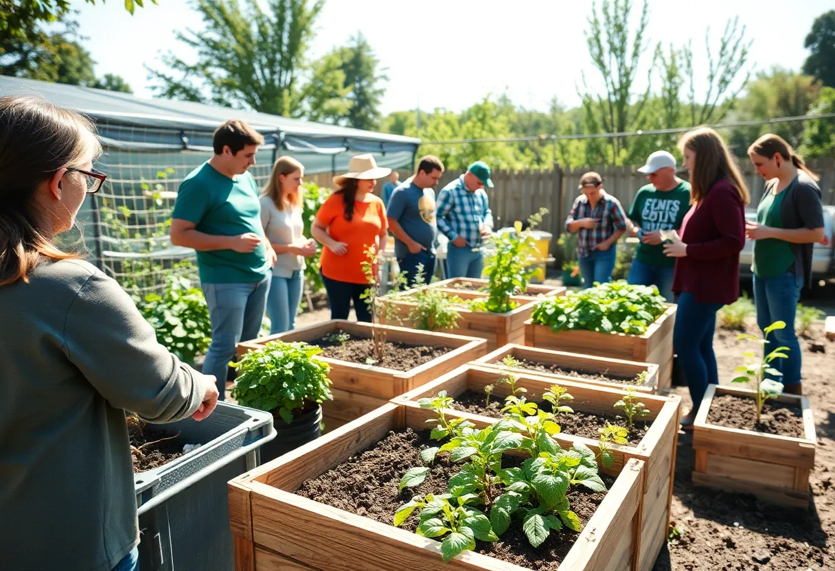Community members learning about composting in a garden
