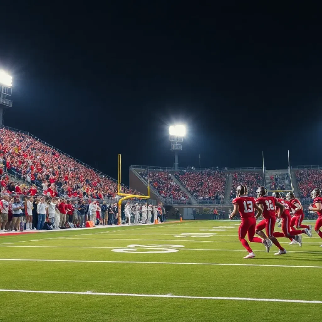 High school football players celebrating a touchdown under stadium lights.