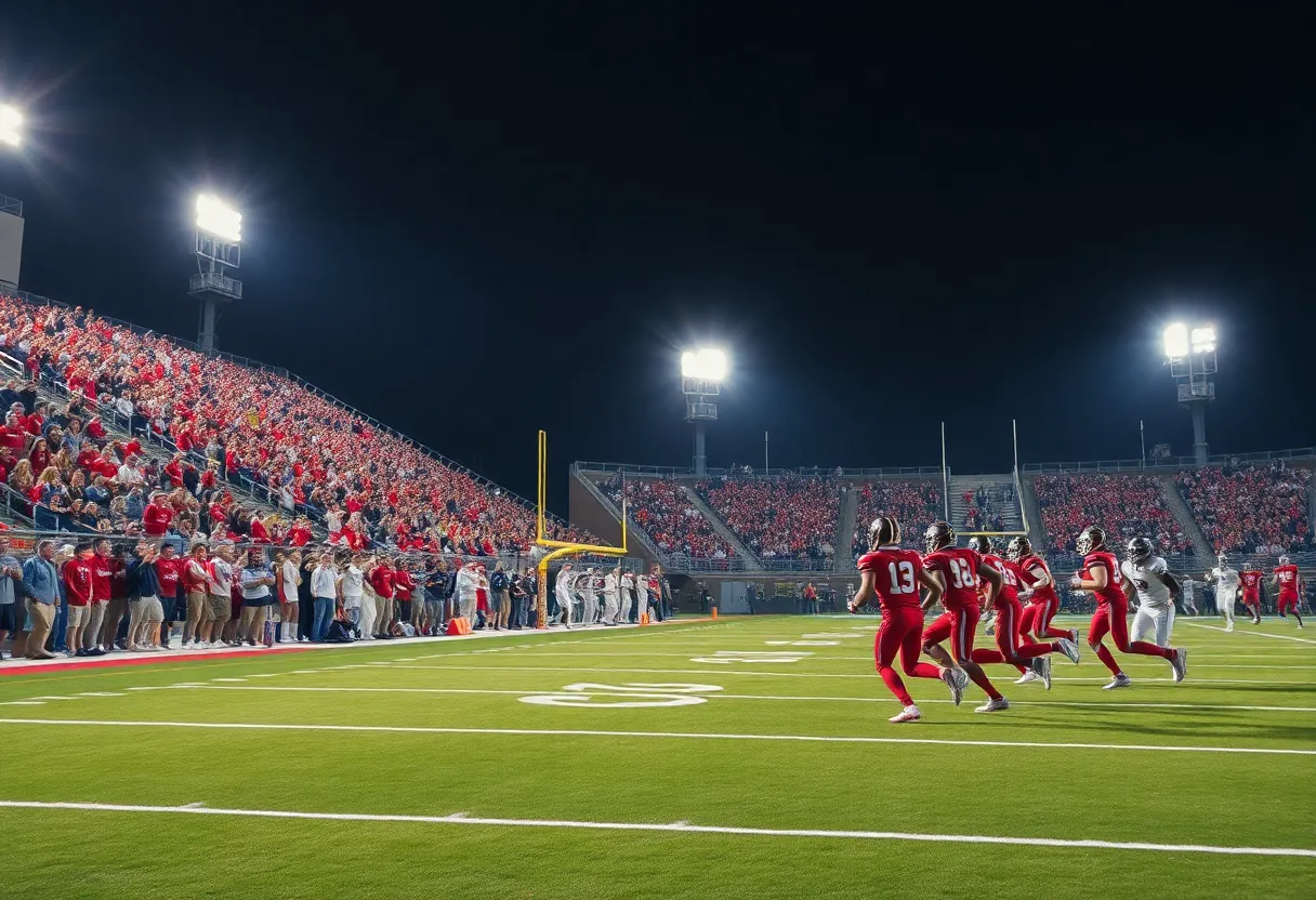 High school football players celebrating a touchdown under stadium lights.