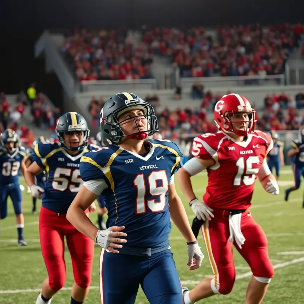 Players from Mission Viejo and Lincoln competing on the football field