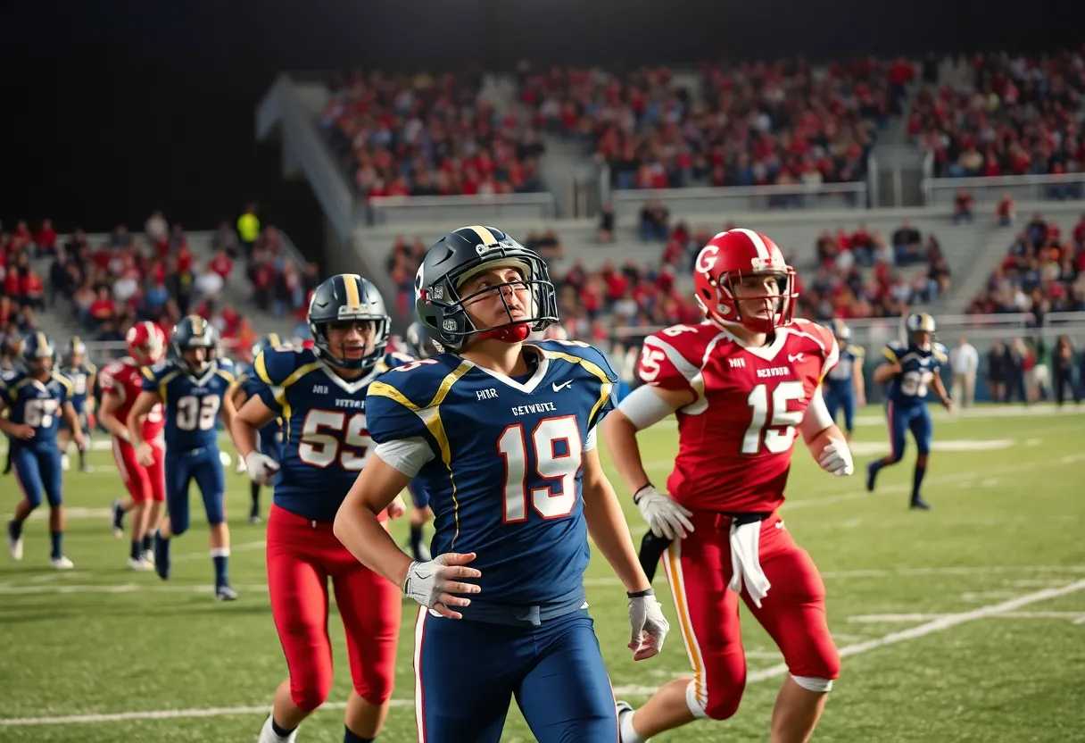 Players from Mission Viejo and Lincoln competing on the football field