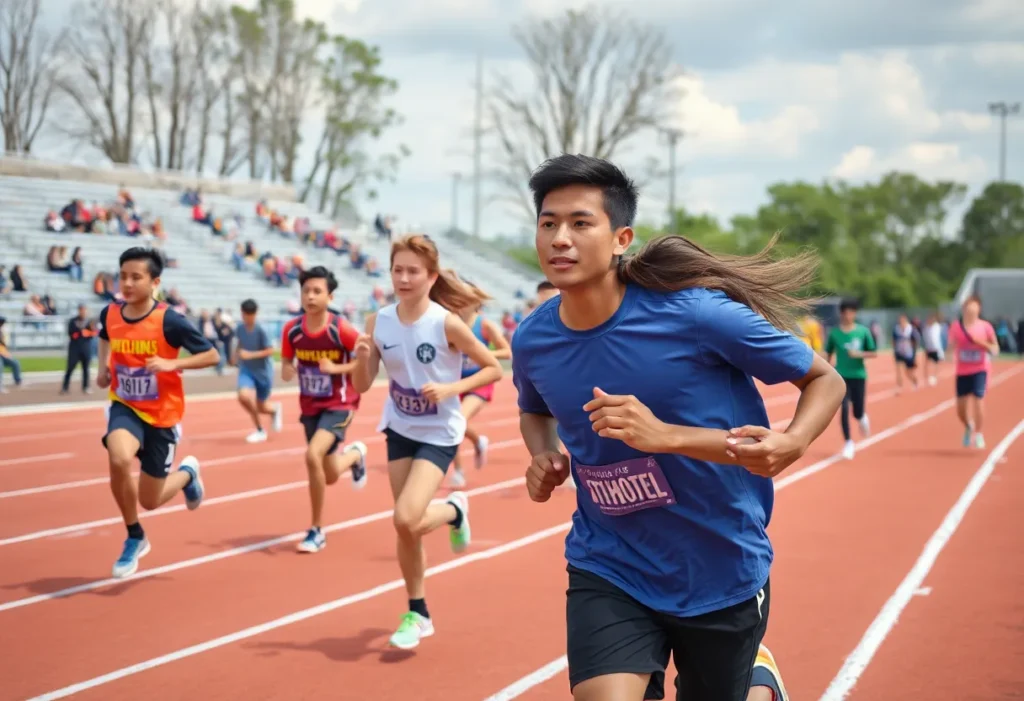 Young athletes competing in a track meet at Mission Viejo High School.