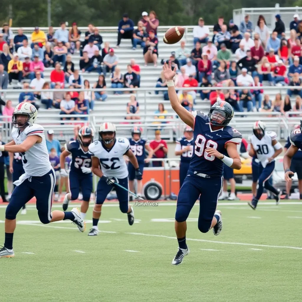 High school football players in action during the Mission Viejo vs Folsom game