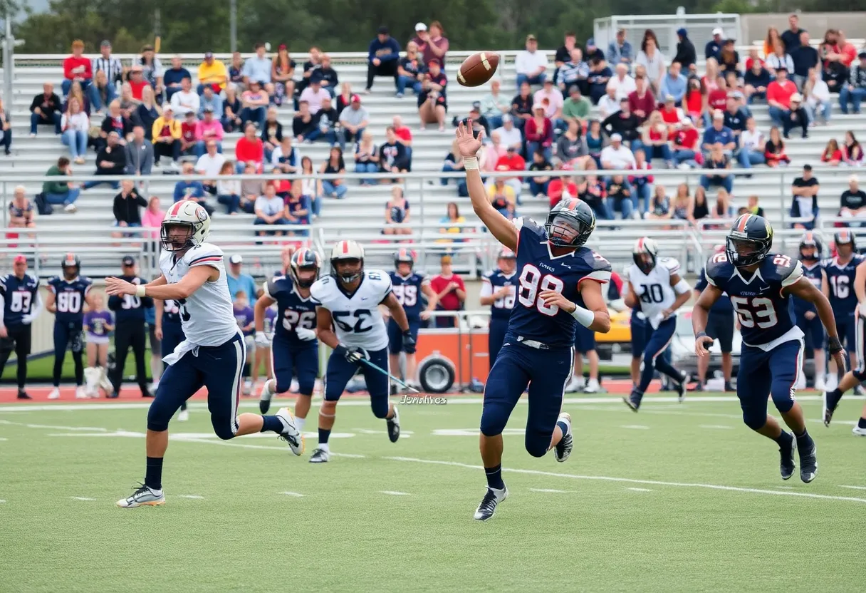 High school football players in action during the Mission Viejo vs Folsom game