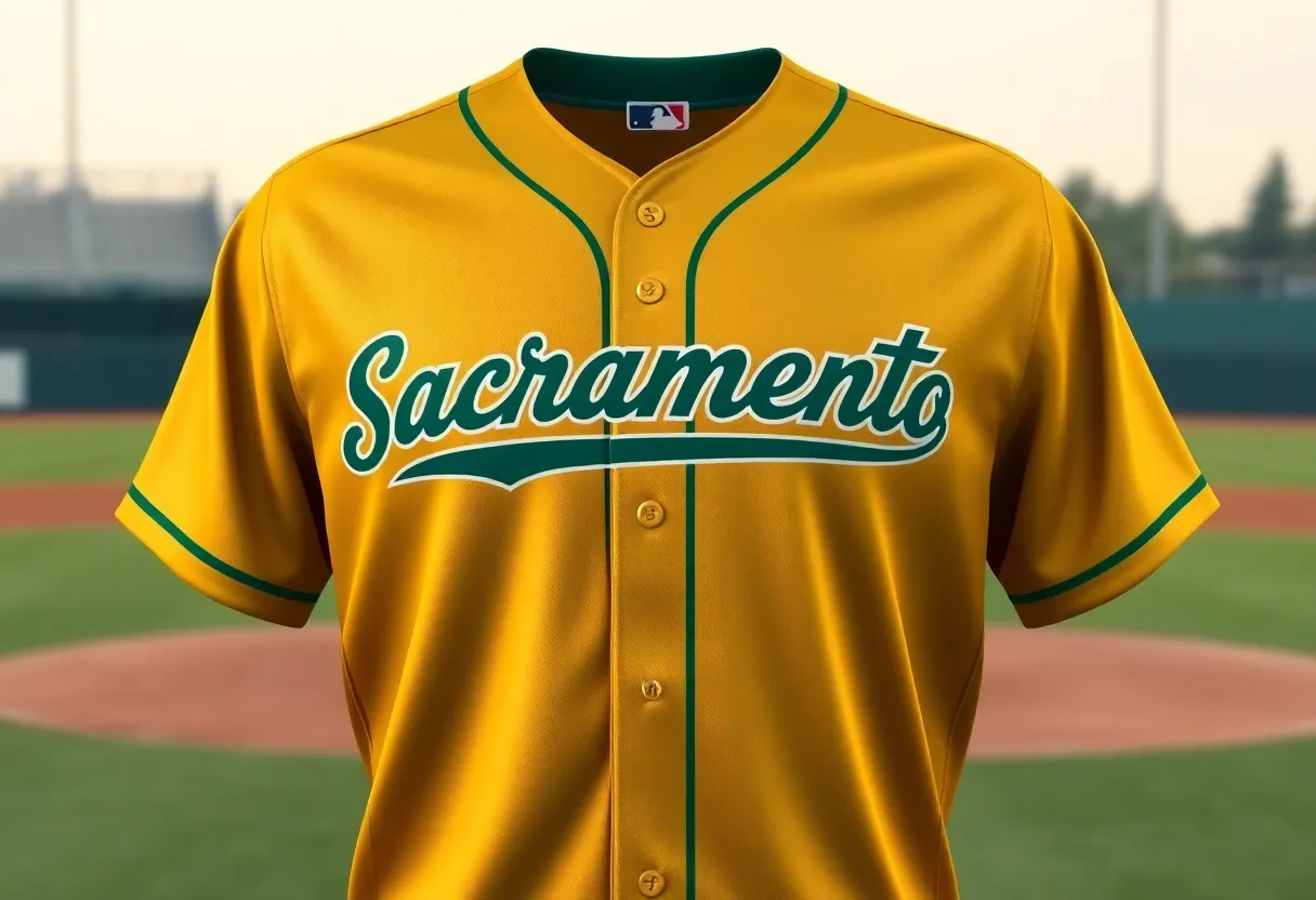 Gold alternate jersey of the Oakland Athletics featuring 'Sacramento' in green font.