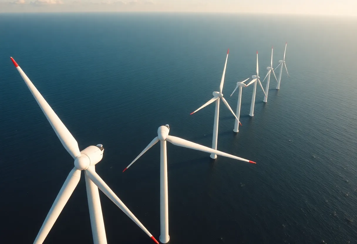 Offshore wind turbines on the ocean under clear blue sky