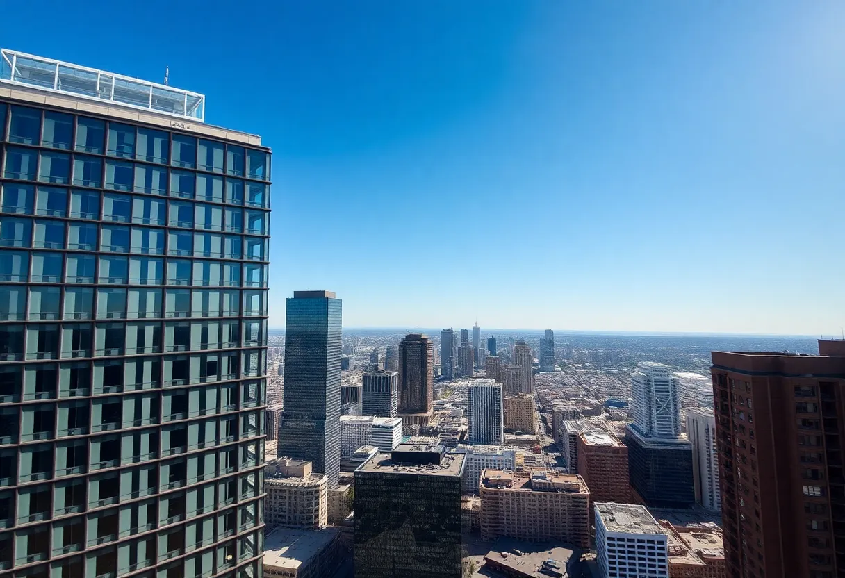 Aerial view of One California Plaza skyscraper in downtown Los Angeles