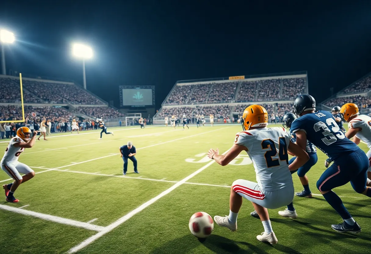 High school football players in action during a game in Orange County.