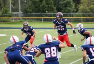 High school football players in action during a game in Orange County.