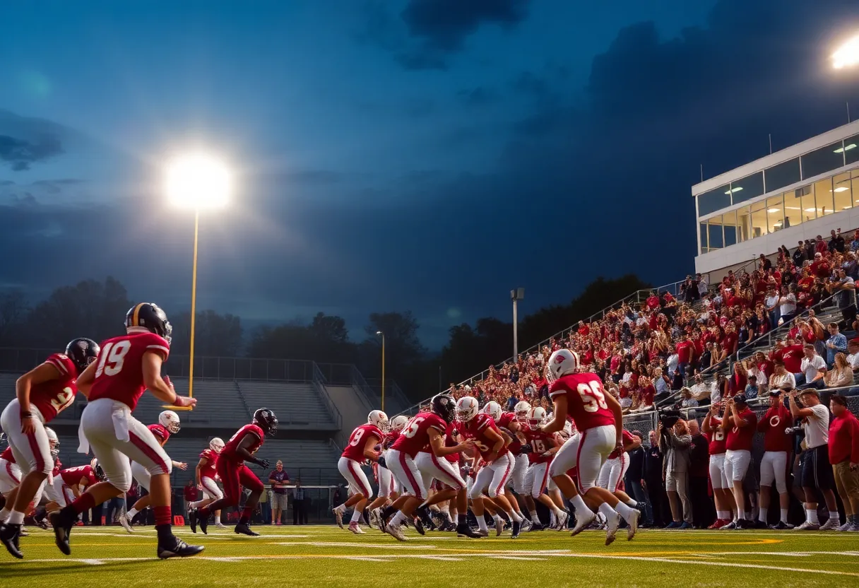 High school football players in action during a game in Orange County
