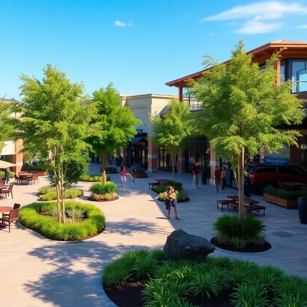 An architectural rendering of an outdoor shopping village in Mission Viejo with dining areas and retail shops.