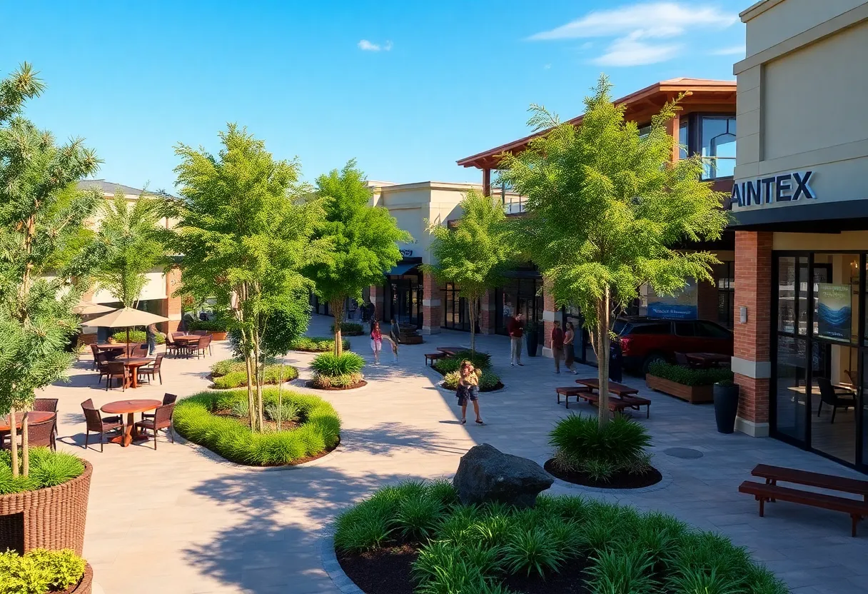An architectural rendering of an outdoor shopping village in Mission Viejo with dining areas and retail shops.