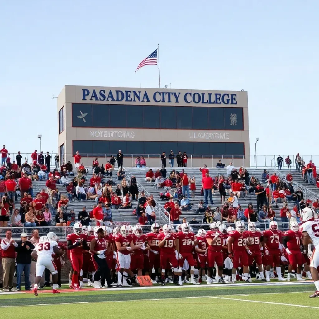 Pasadena City College football team in action during game against Saddleback College.