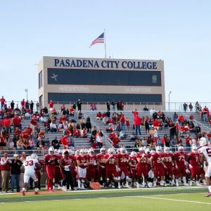 Pasadena City College football team in action during game against Saddleback College.