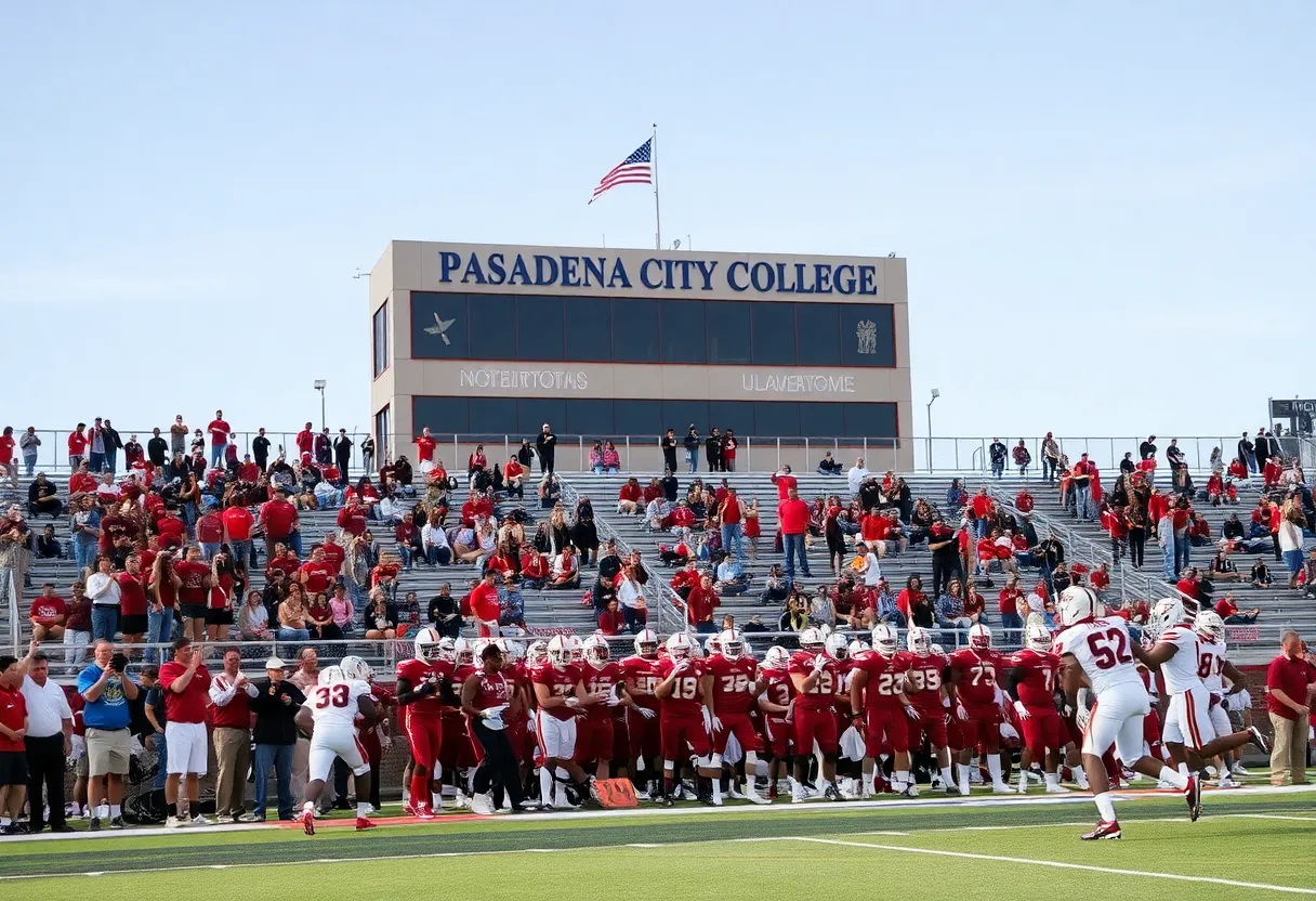 Pasadena City College football team in action during game against Saddleback College.