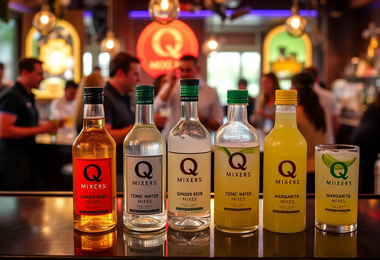 A variety of Q MIXERS products displayed in a California bar