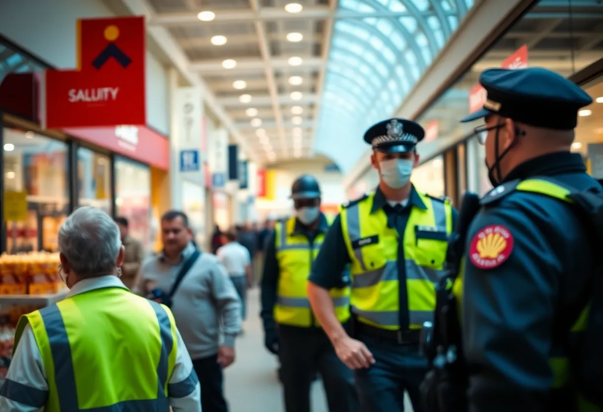Police officers at a shopping outlet ensuring retail security