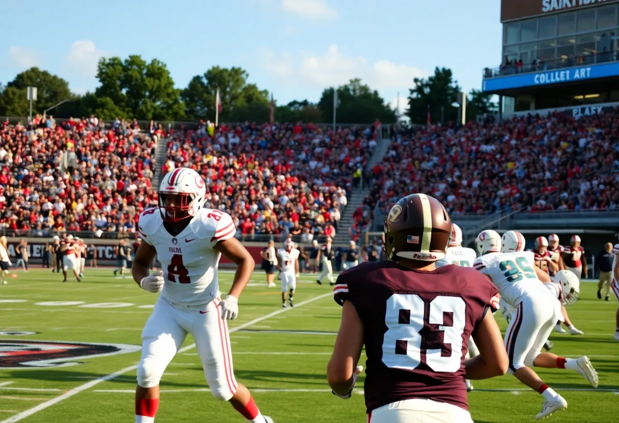 A college football game in progress with Riverside College players on the field.