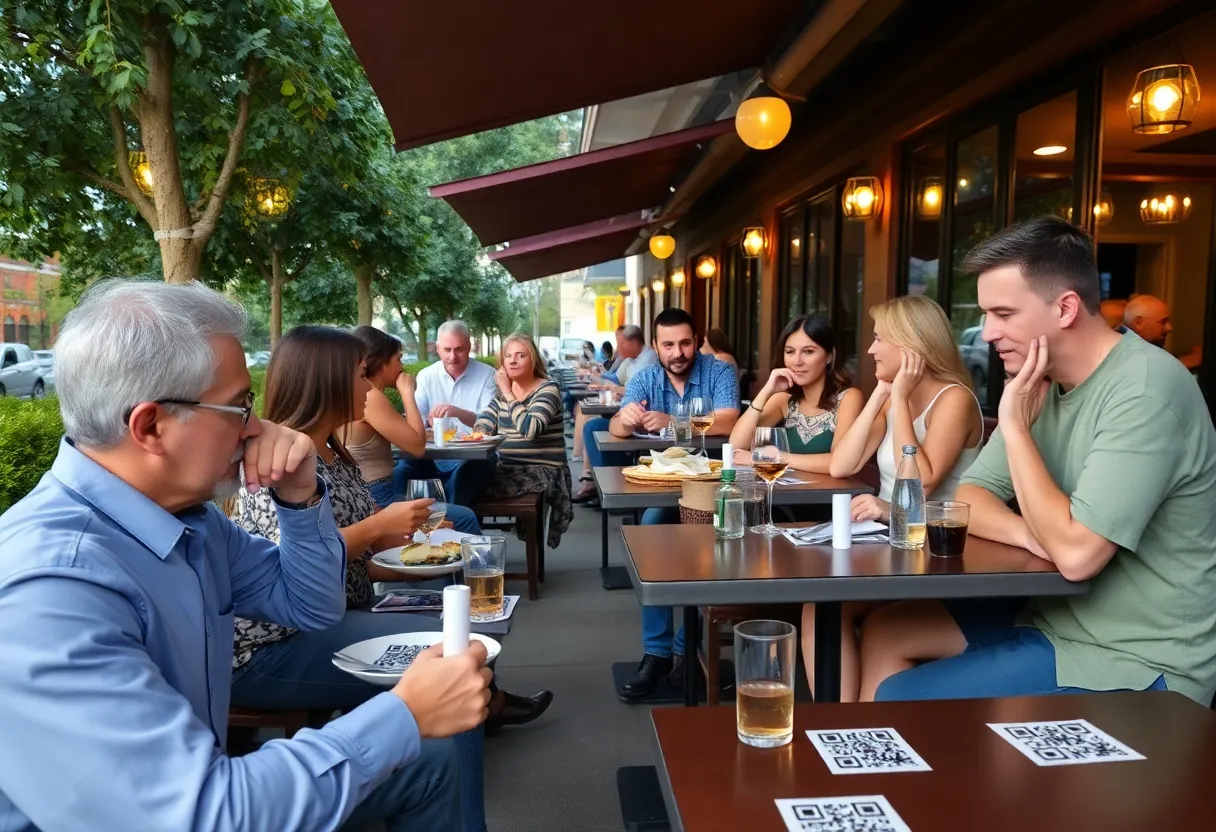 Outdoor dining at a restaurant in Sacramento with QR codes for cryptocurrency payments.