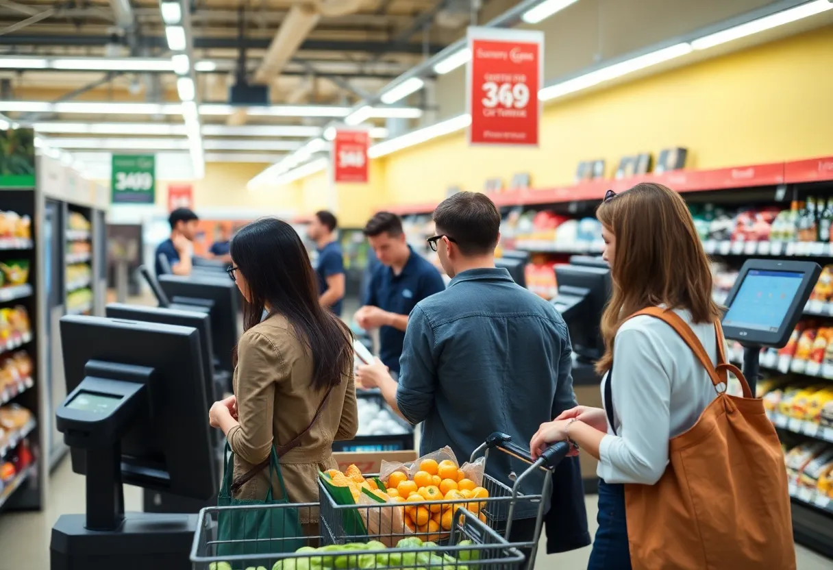 Staff supervising self-checkout stations in a grocery store