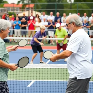 Senior players competing in a pickleball tournament