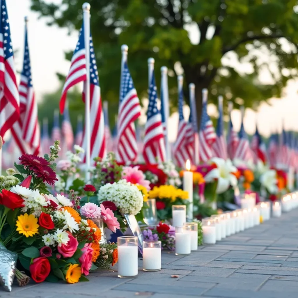 Memorial setting for September 11 remembrance with flags and flowers.