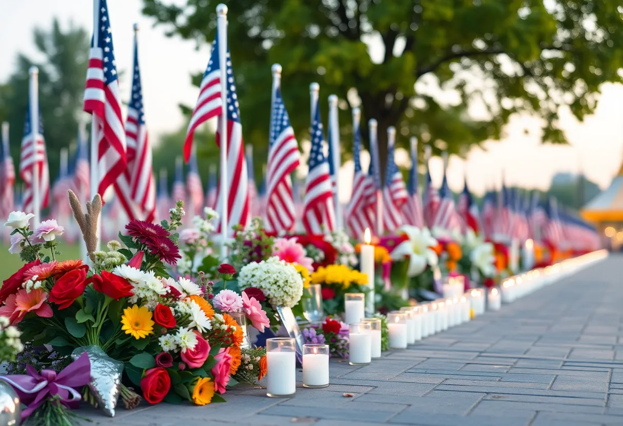 Memorial setting for September 11 remembrance with flags and flowers.