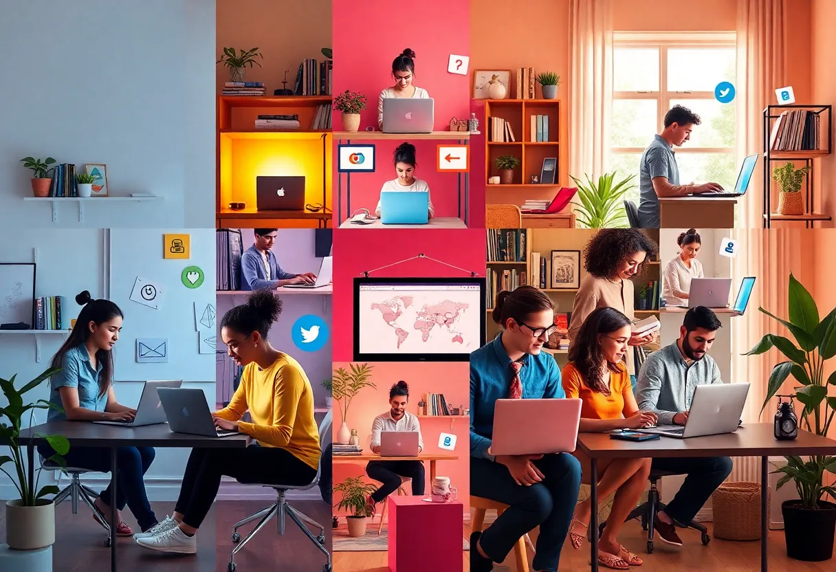 A dynamic workspace illustrating solopreneurship with creative individuals at work.