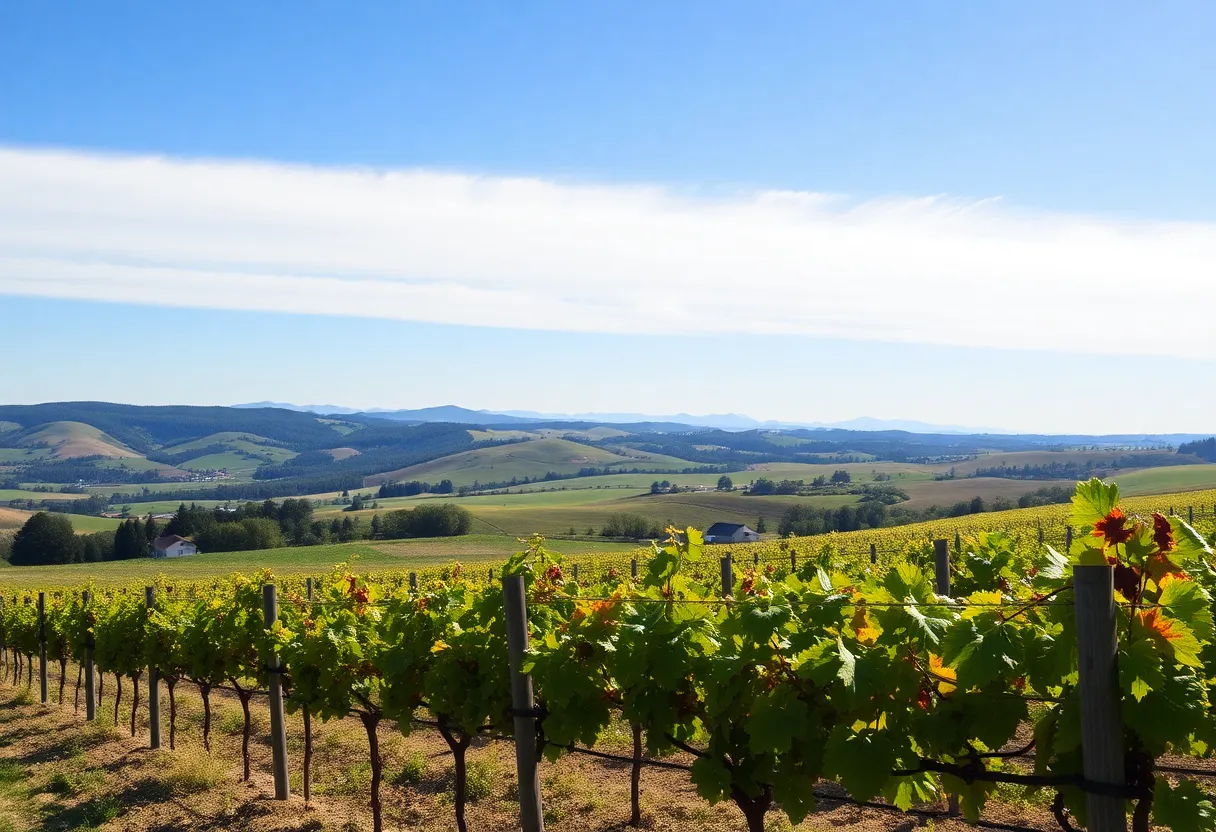 Vineyard in South Willamette Valley, Oregon during harvest season.