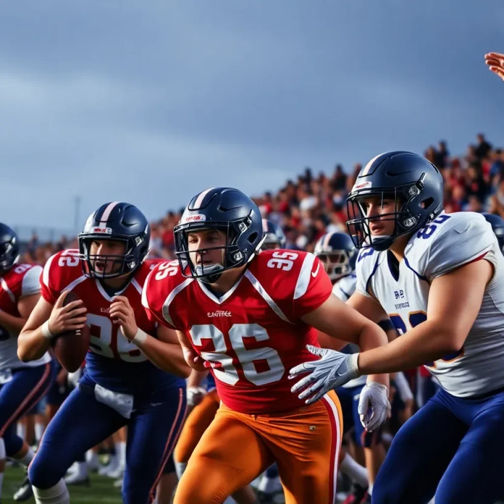 Action shot from a high school football game featuring a player in motion on the field.