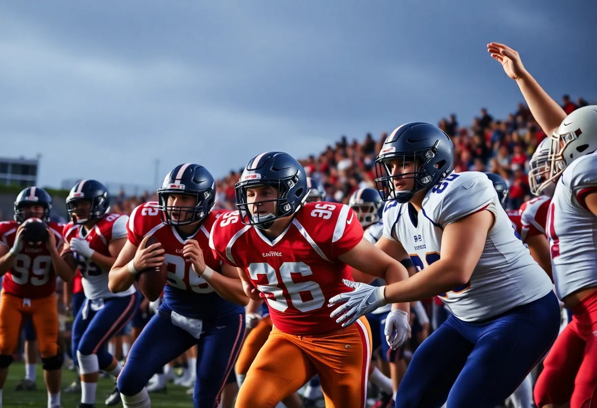 Action shot from a high school football game featuring a player in motion on the field.