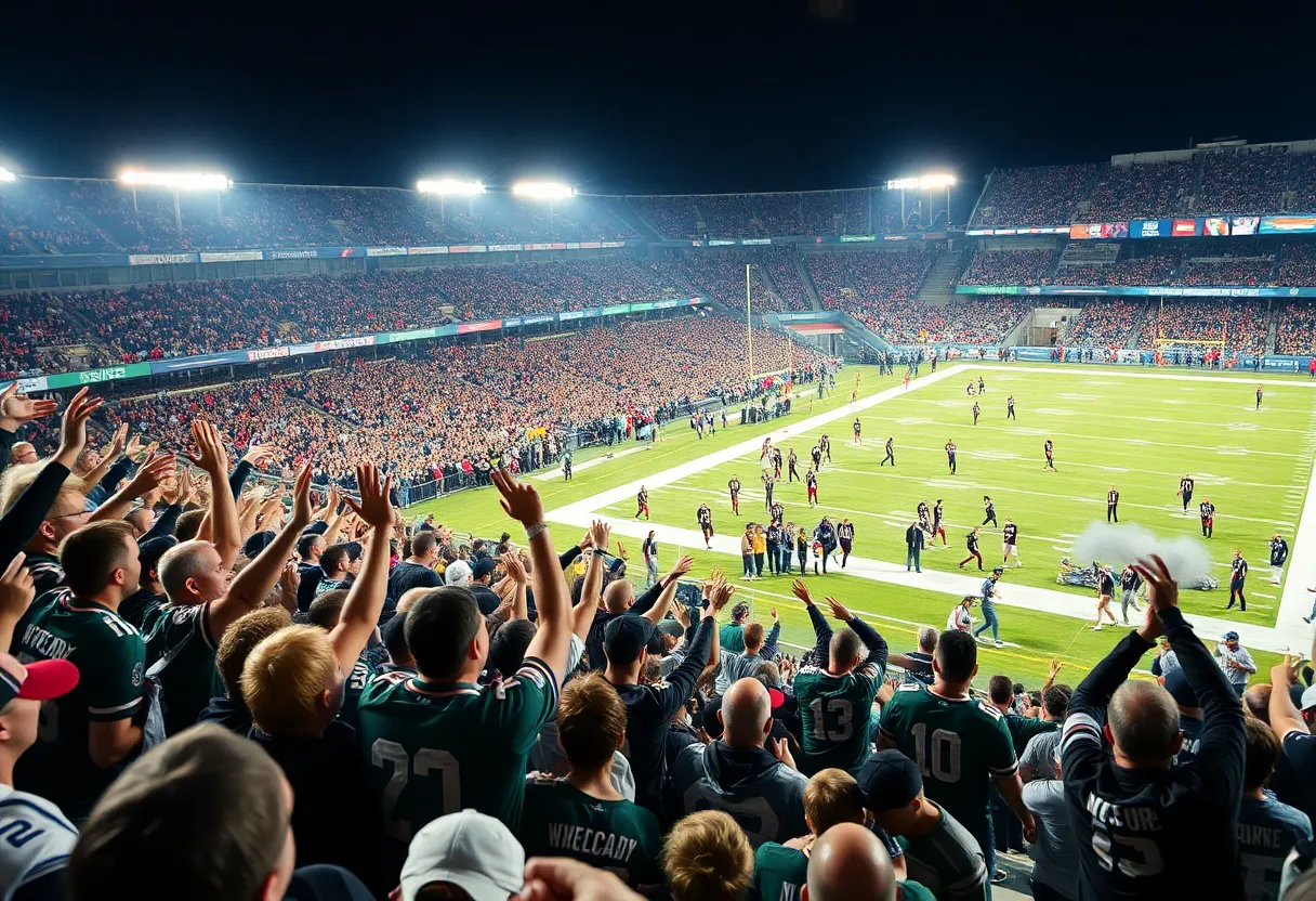 Exciting football game at Utah with fans and players.