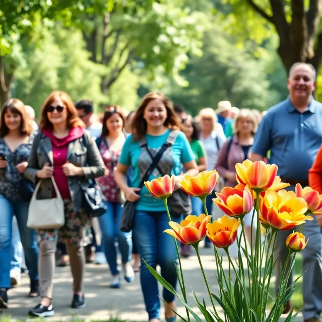Participants of the Walk to End Alzheimer’s at Sendero Field carrying flowers.