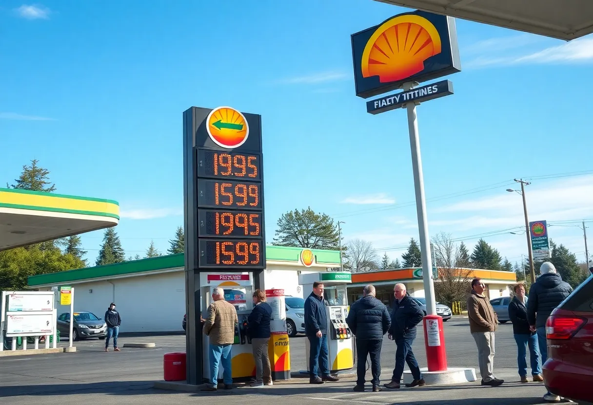 Customers at a gas station in Washington State facing high gas prices