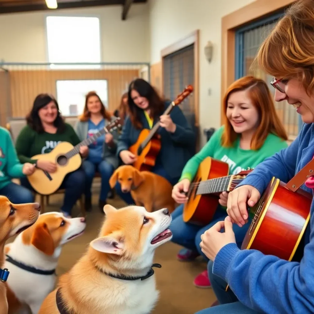 Volunteers performing music for shelter animals at Mission Viejo.