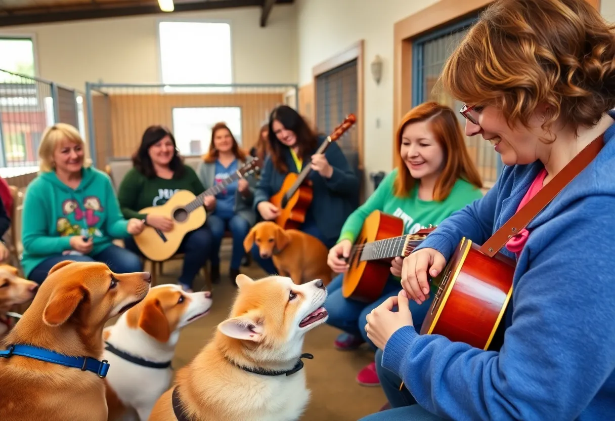 Volunteers performing music for shelter animals at Mission Viejo.