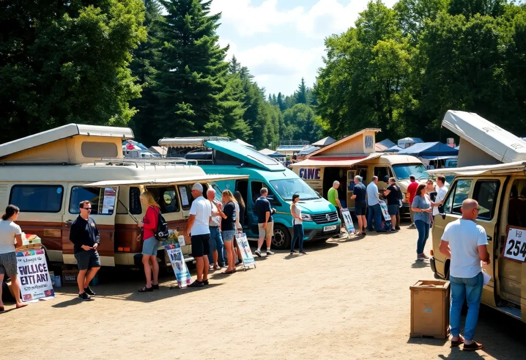 An outdoor gathering of adventure van enthusiasts showcasing various vehicles and equipment.