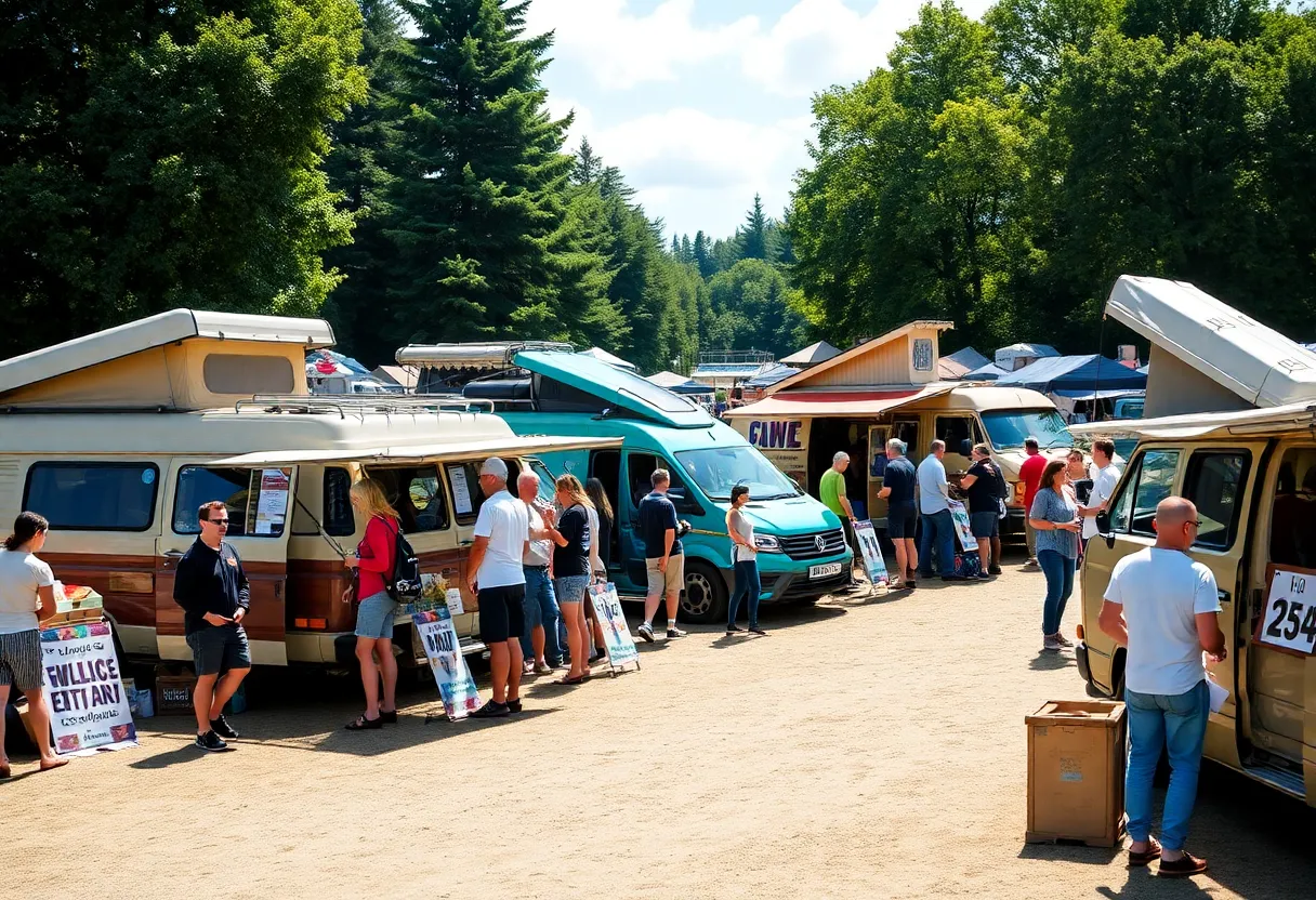 An outdoor gathering of adventure van enthusiasts showcasing various vehicles and equipment.