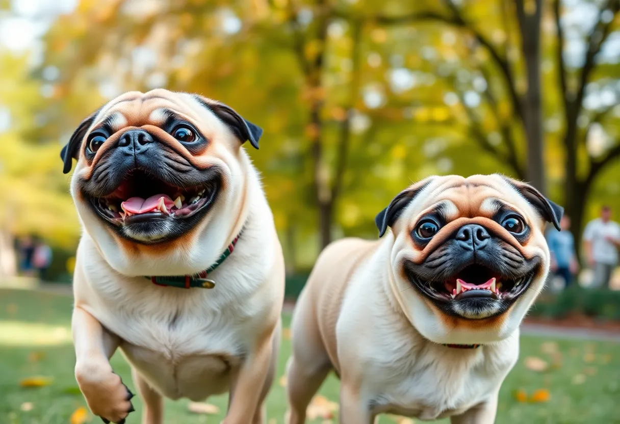 Two playful pugs waiting for adoption at the shelter.