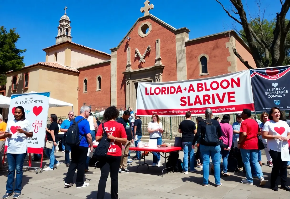 Volunteers and donors at a blood donation drive in a community setting