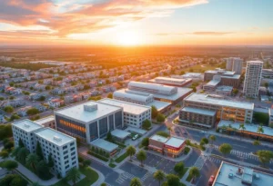 Conceptual image of a new city in California featuring residential and industrial zones.